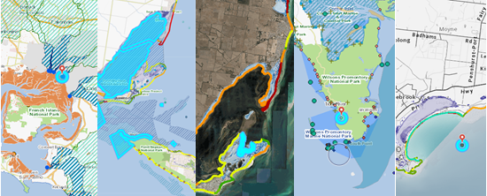 Five examples of maps side by side to illustrate CoastKit. Contains a link to the CoastKit site