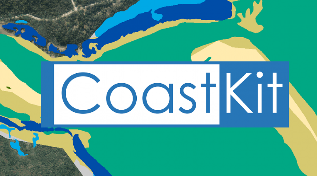 Image of CoastKit logo overlayed over some aerial imagery and coloured areas. Credit Rhiannon Holden