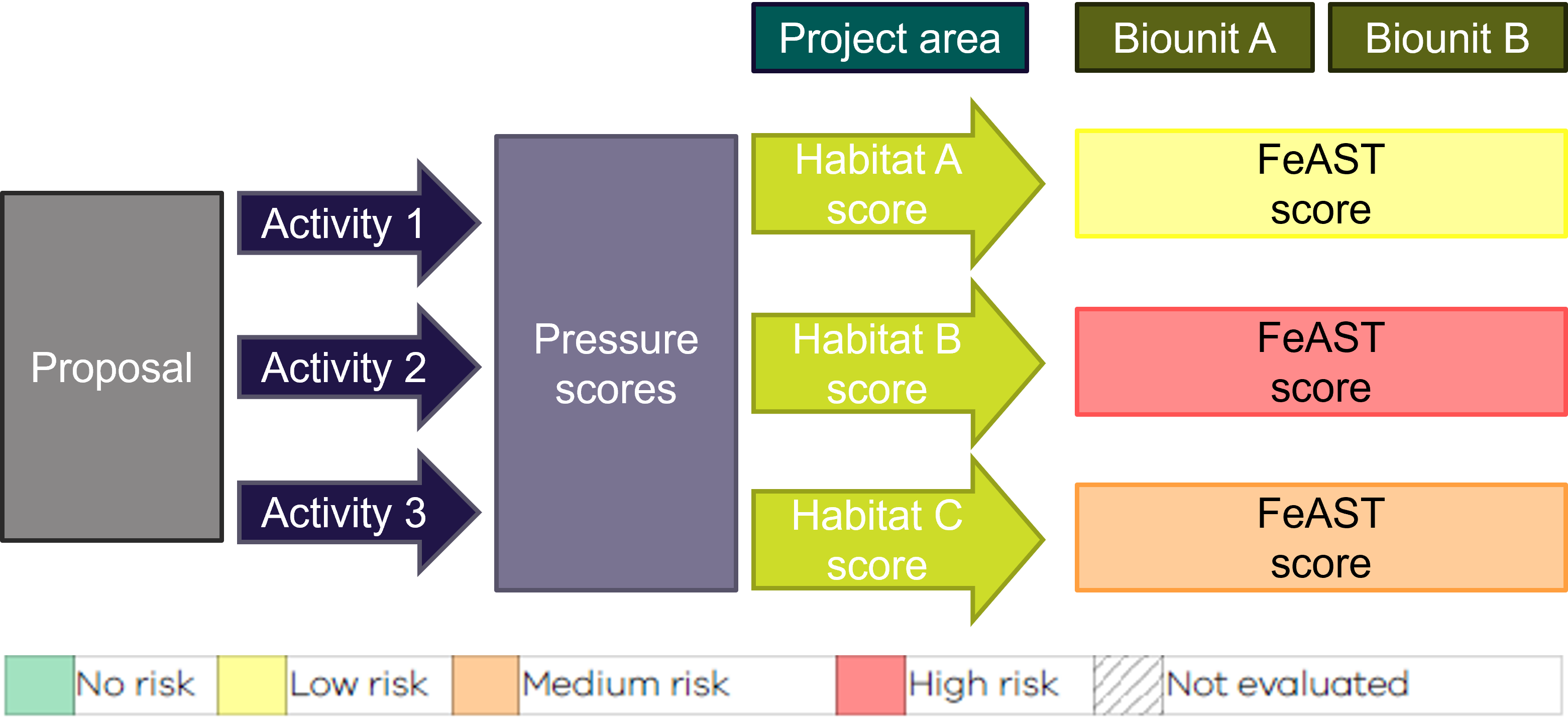 Diagram showing the process the tool undertakes to calculate the FeAST scores for a proposal and denotes the possible level of risk 