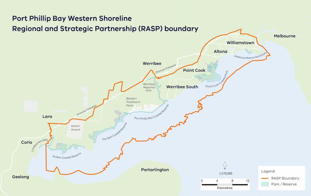 A map showing the Port Phillip Bay Western Shoreline Regional and Strategic Partnership project area, ranging from Williamstown near Melbourne to Limeburners Bay near Geelong
