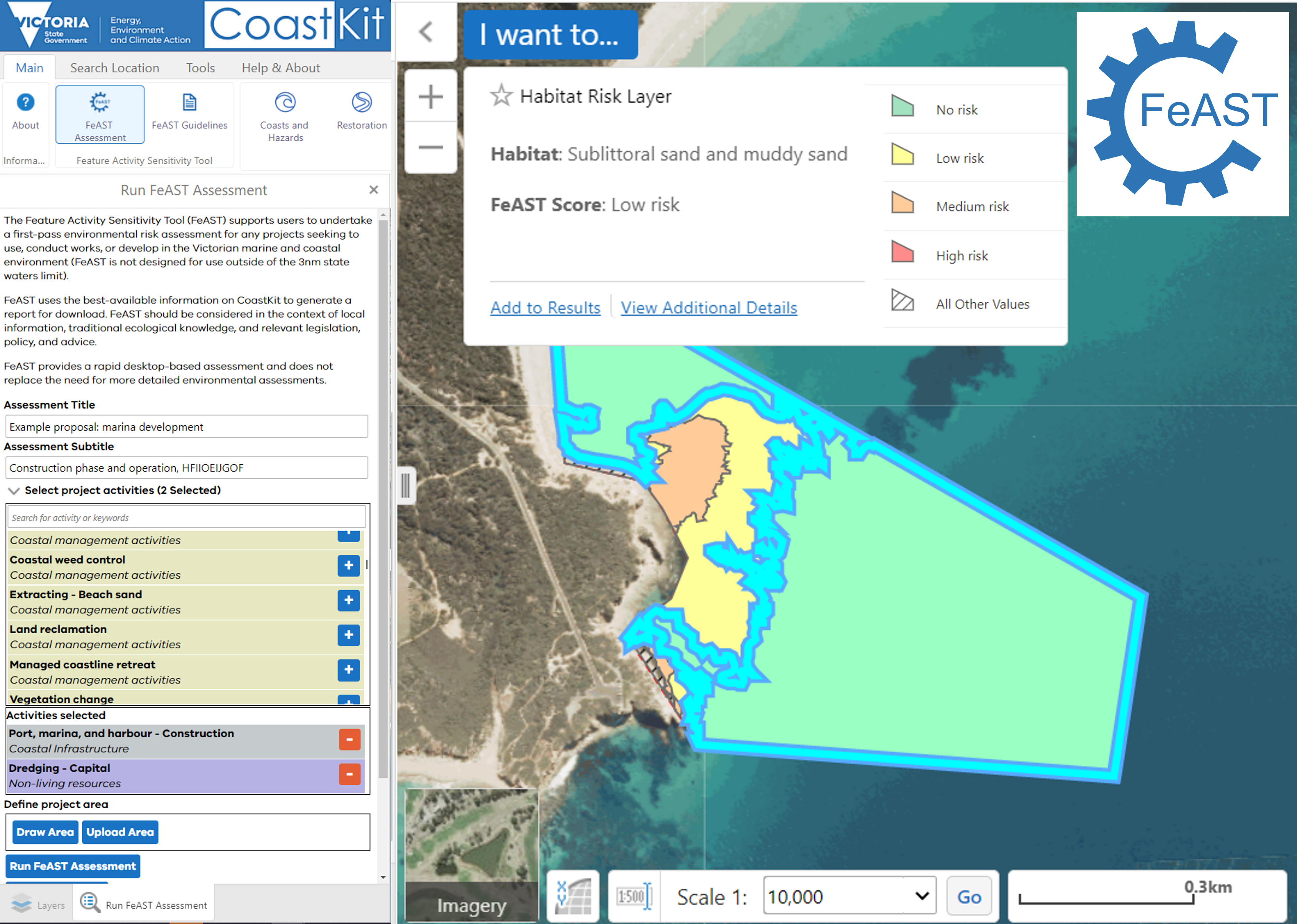 Screenshot from coastkit showcasing the FeAST tool in action and the outputs from the tool