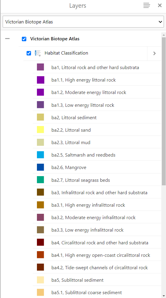 Habitat classification layer on Coastkit expanded to show key/legend