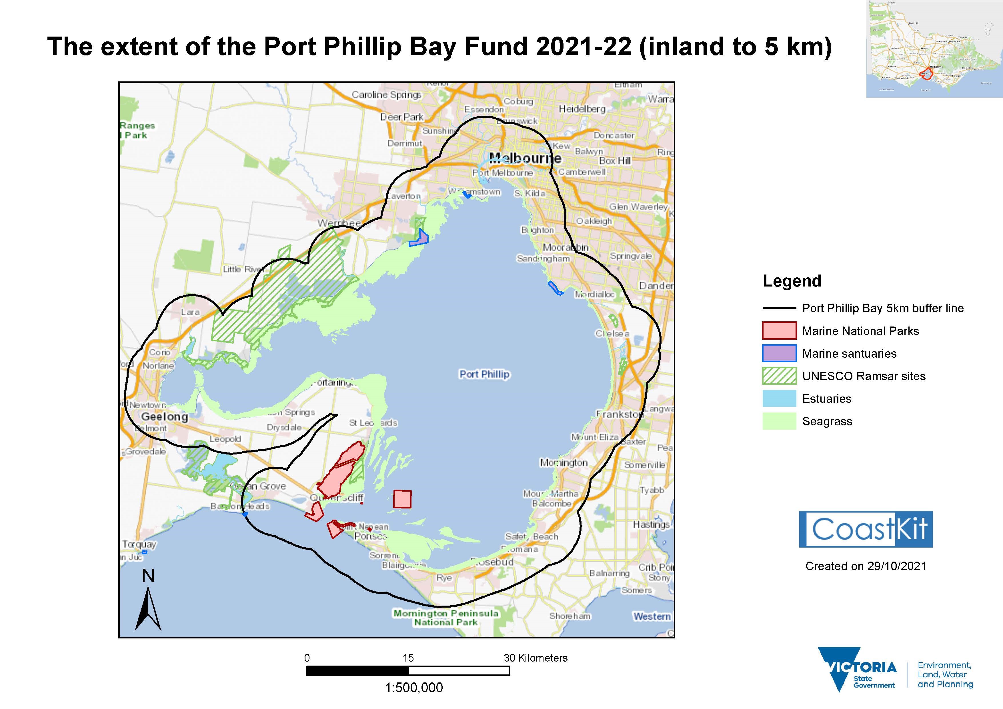 The extent of the Port Phillip Bay Fund 2021-22 (5km inland of the Bay)