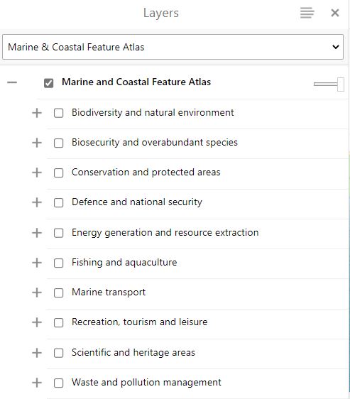 Screenshot of marine and coastal feature atlas layer list in CoastKit.