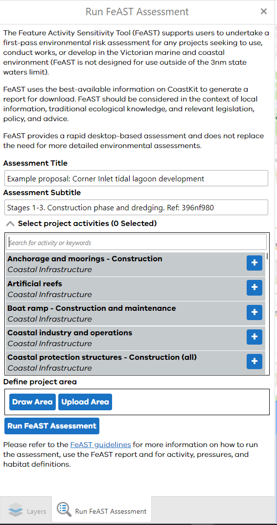 Screenshot of the user interface showing the addition of FeAST assessment titles for an example project.