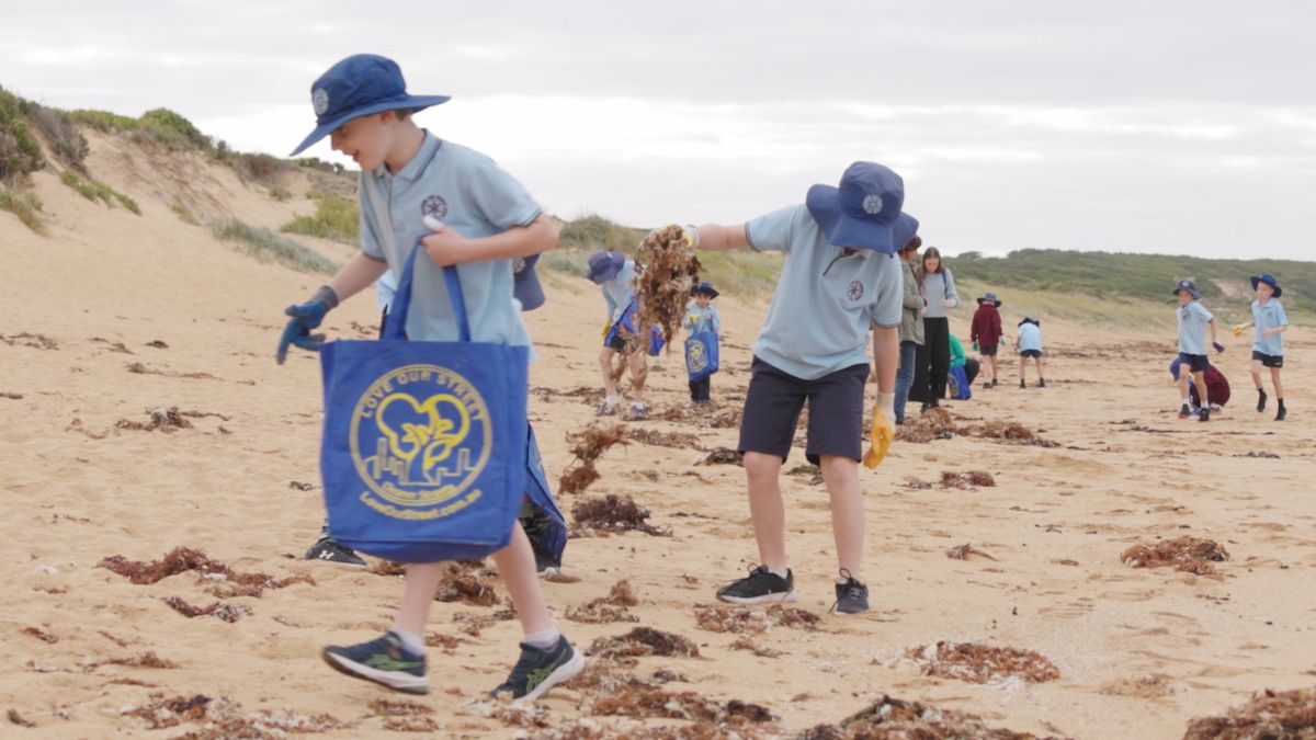 School kids picking up rubbish off the beach
