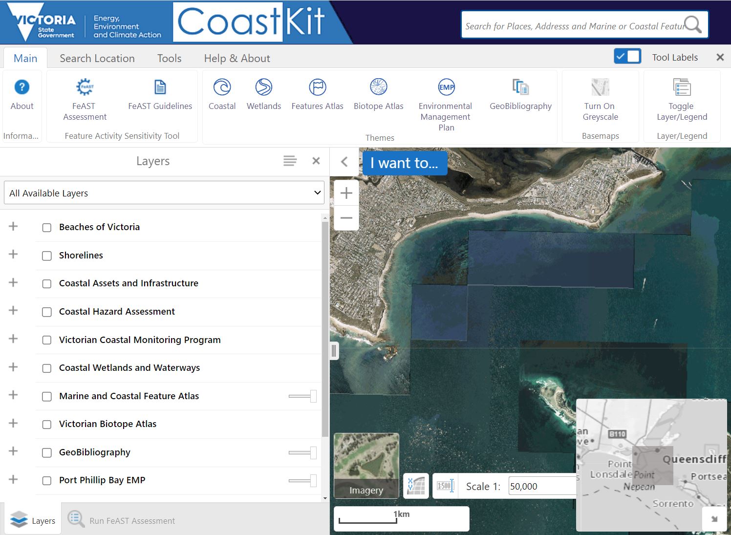 Screenshot from Coastkit showing available layers on the platform and how to navigate back from the FeAST tool.