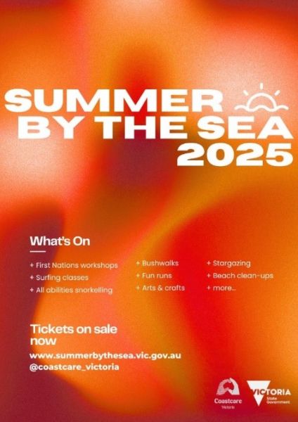A poster with text on it reading Summer by the Sea 2025.
