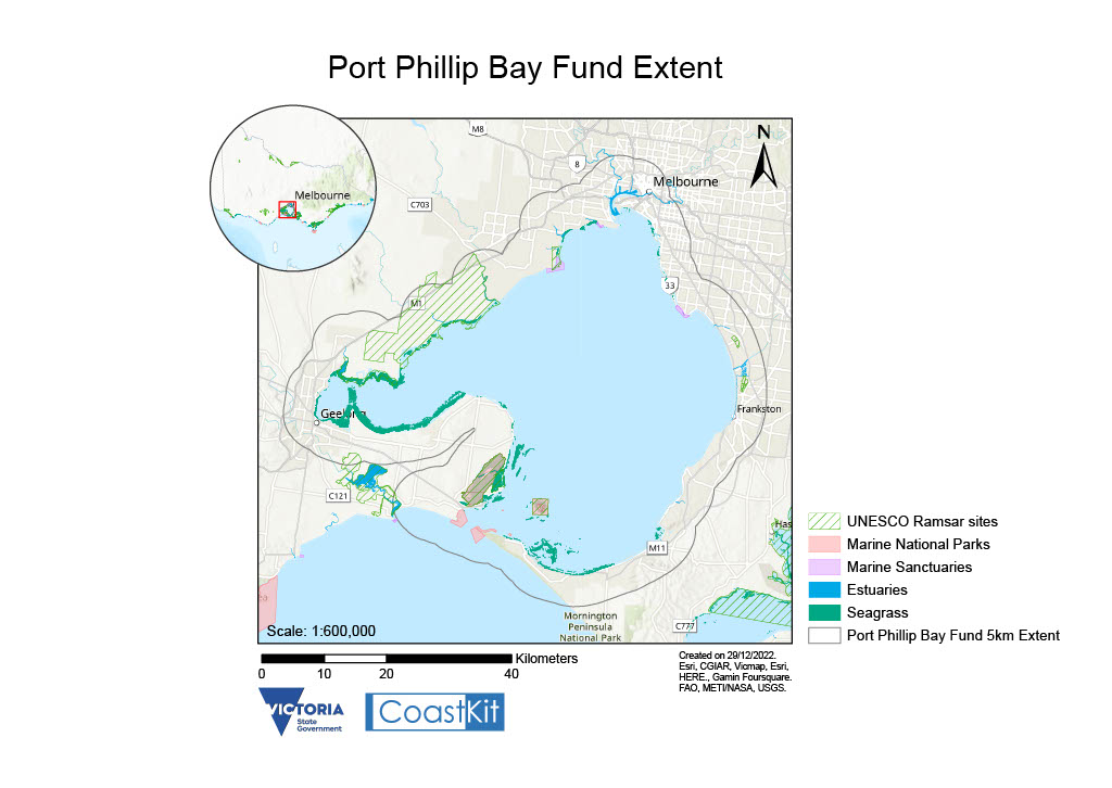 Map of Port Phillip Bay, with a border at 5km inland of the Bay's high-tide mark. This is where projects must be located to be eligible