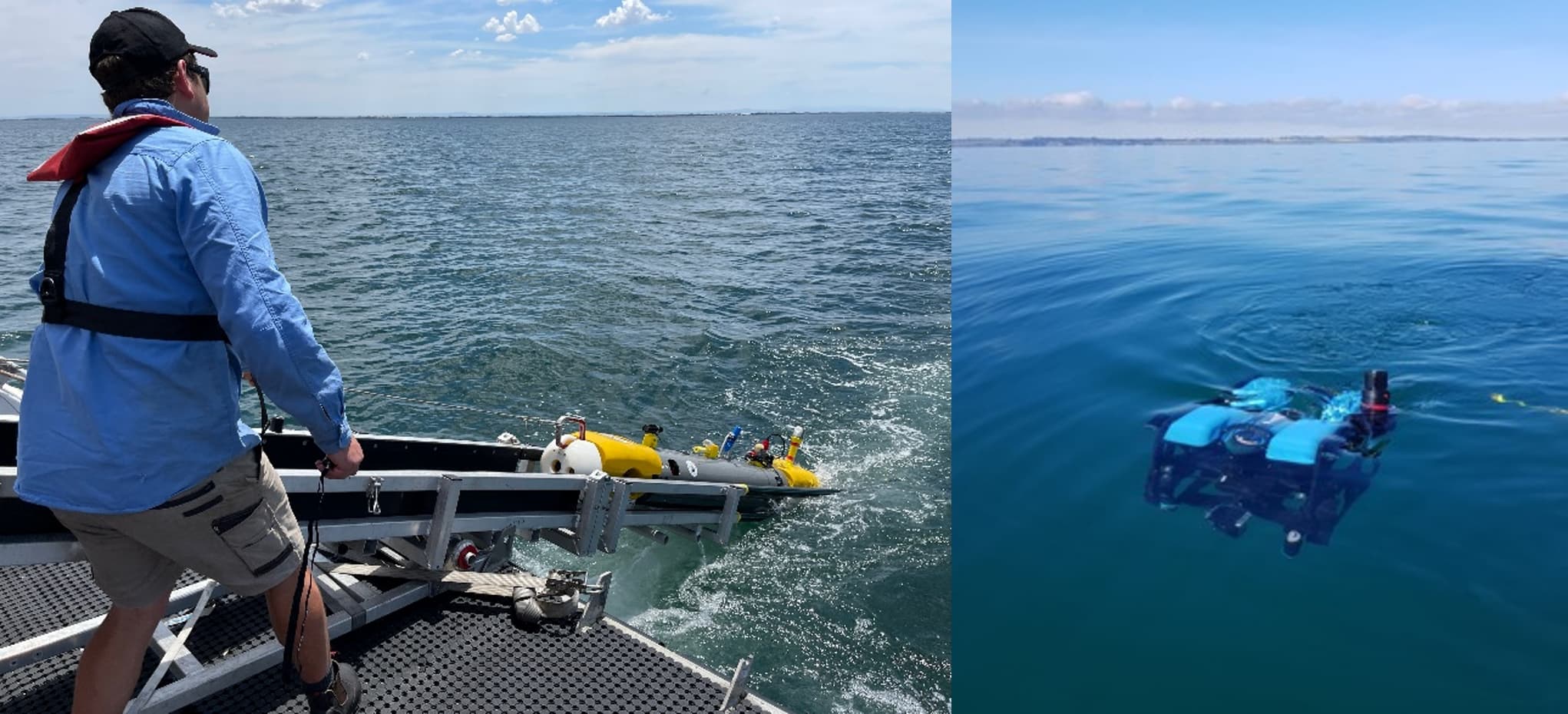 The AUV being deployed to complete automated underwater imaging surveys and ROV operated underwater