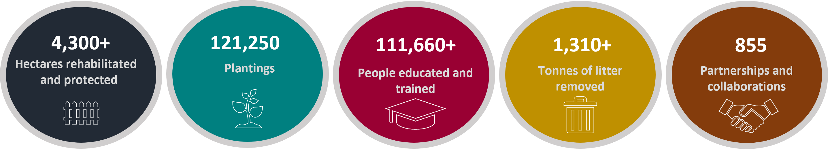 5 icons detailing specific achievements for the 2022-2023 annual report