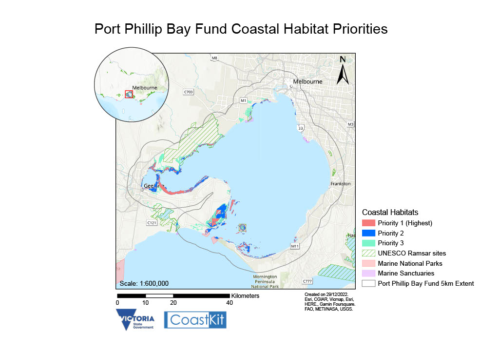 Map of Port Phillip Bay, with the Marine National Parks and Coastal Habitat Priority Locations Marked. There is a border at 5km inland of the Bay's high-tide mark