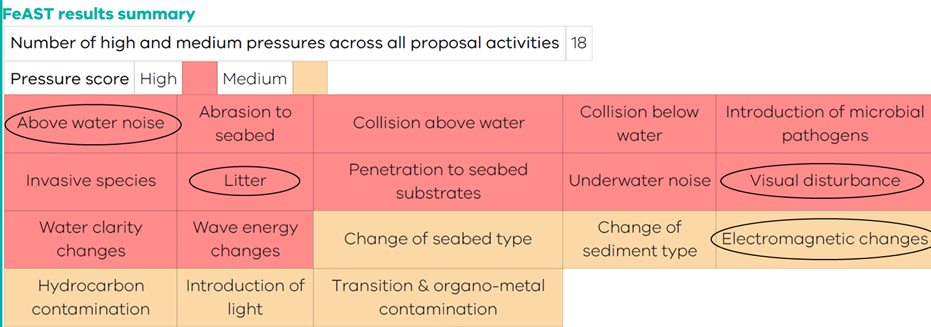 Screenshot of the FeAST assessment report with pressures circled.