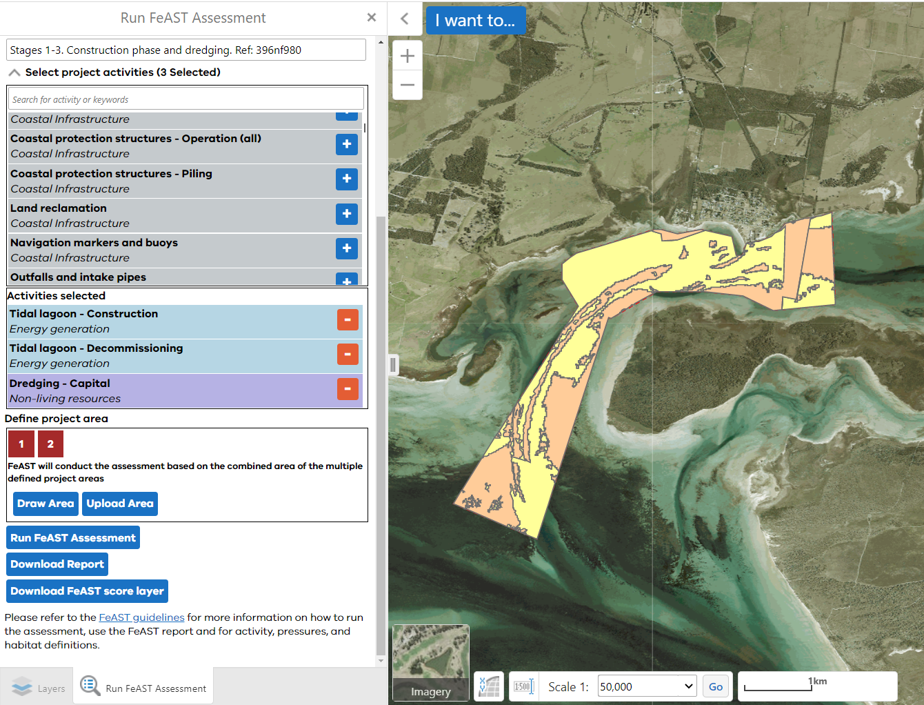 Screenshot of case study example for the FeAST assessment showing the mapped habitat risk (FeAST score).