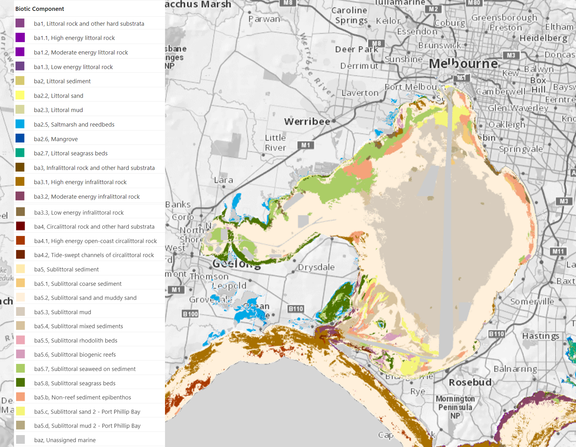 Map showing the diversity of marine and coastal habitats in Port Phillip Bay