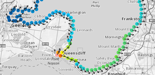 Wave direction and height along coast in Port Phillip Bay