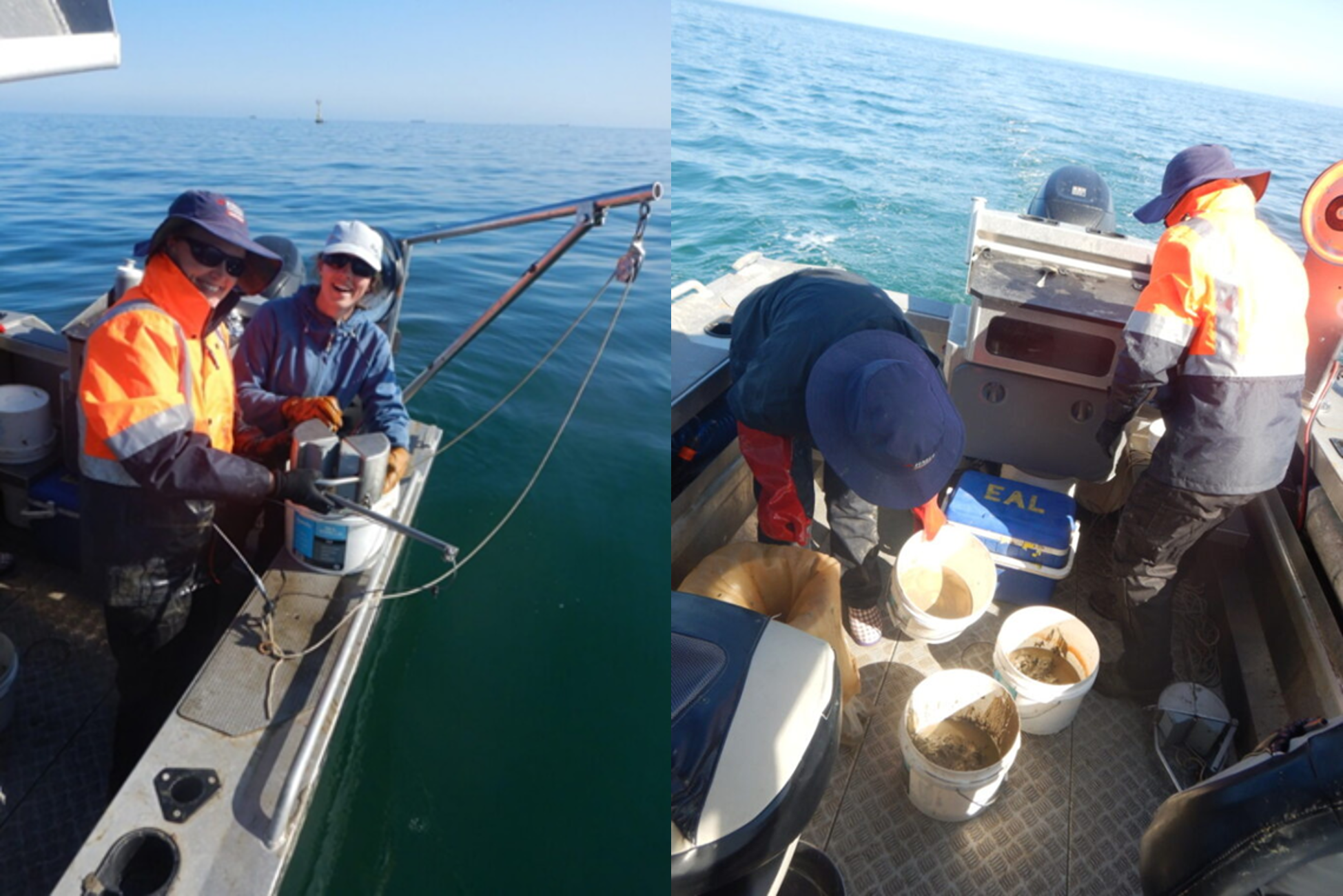 Left: Two people collecting sediment samples from Port Phillip Bay; Right: Two people putting collected samples into buckets on the boat