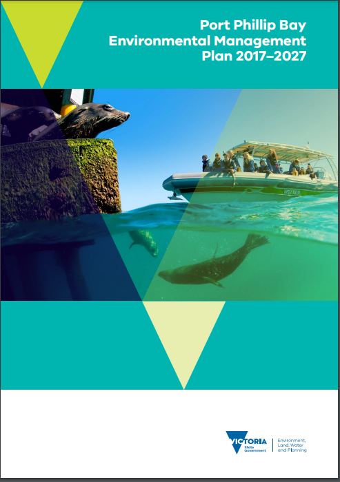 Image of the front cover of the Port Phillip Bay Enivornmental Management Plan 2017-2027 document, showing marine scenes
