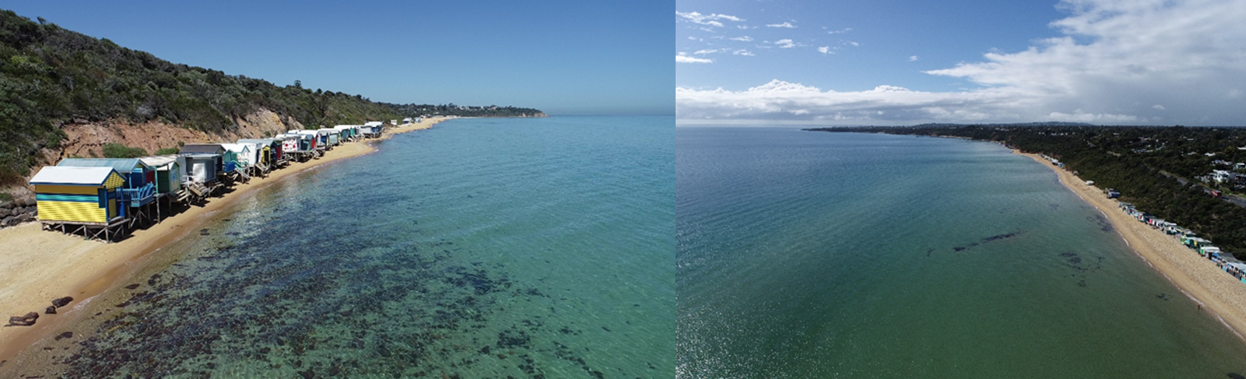 Left: A drone survey photo of bathing boxes along the beach; Right: An aerial drone survey photo of the Port Phillip Bay coastline