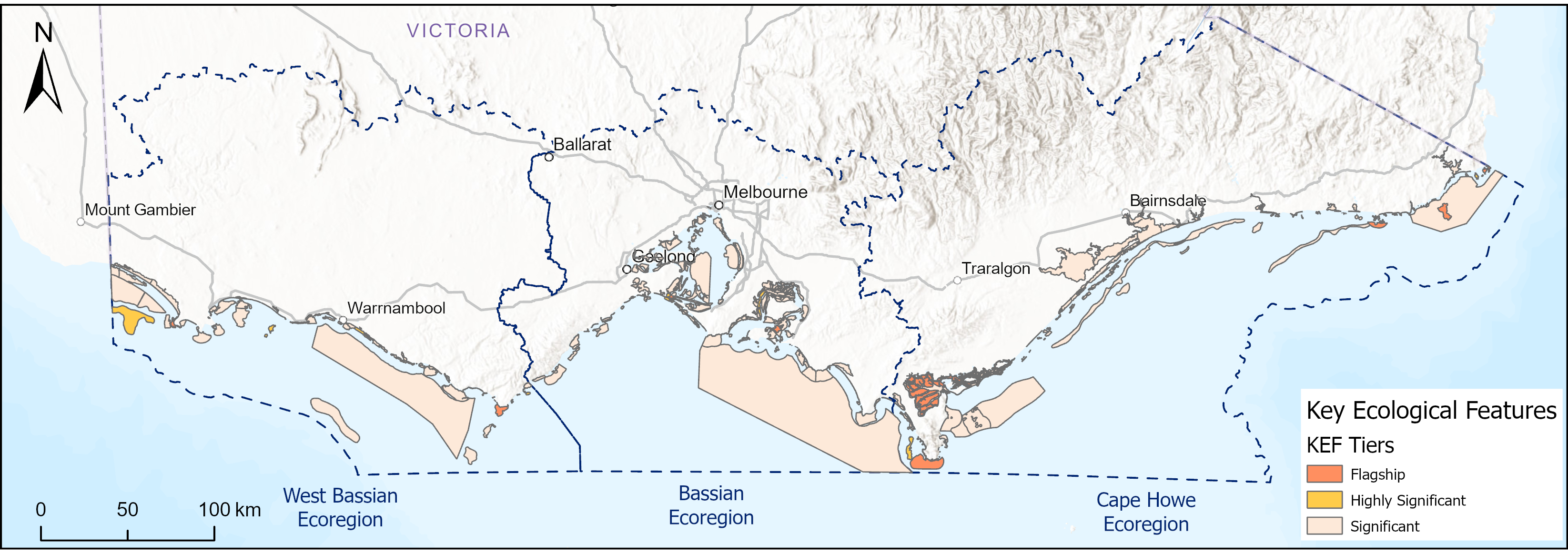 341 KEFs mapped distribution Mapped distribution of KEFs across Victoria's marine ecoregions split into 3 tiers