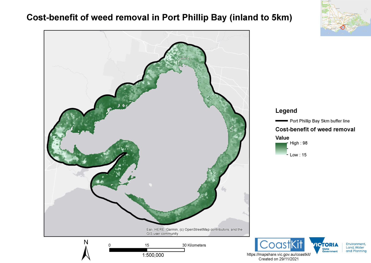 Map of cost-benefit value of weed works 5km inland from Port Phillip Bay from Coastkit mapshare portal