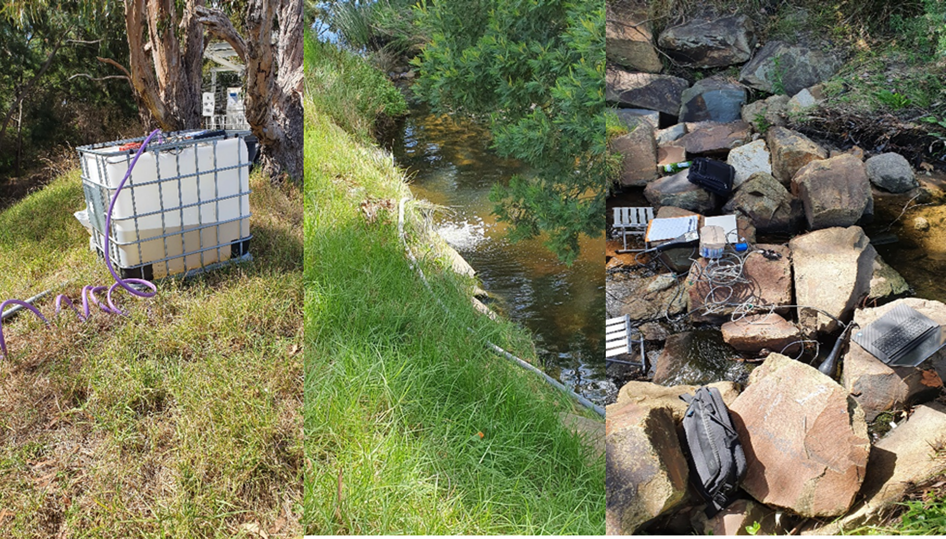 3 images show case study progress by depicting equipment on a grassy river bank and on rocks sticking out of a river