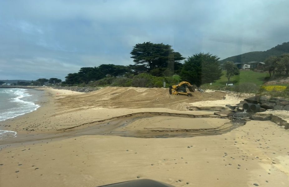 Machinery operating on a stretch of beach.