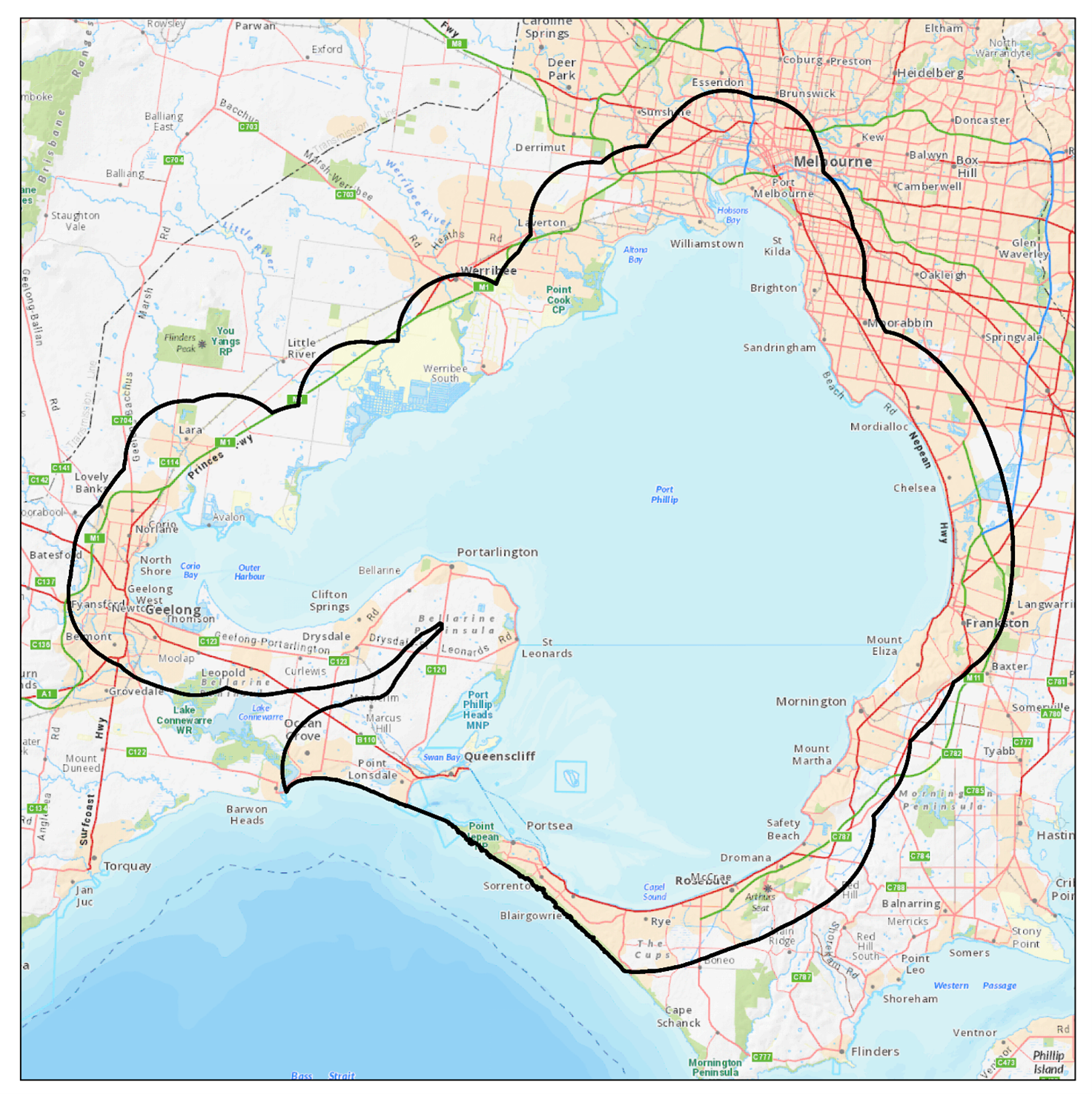 The extent of the Port Phillip Bay Fund (5km inland of the Bay)