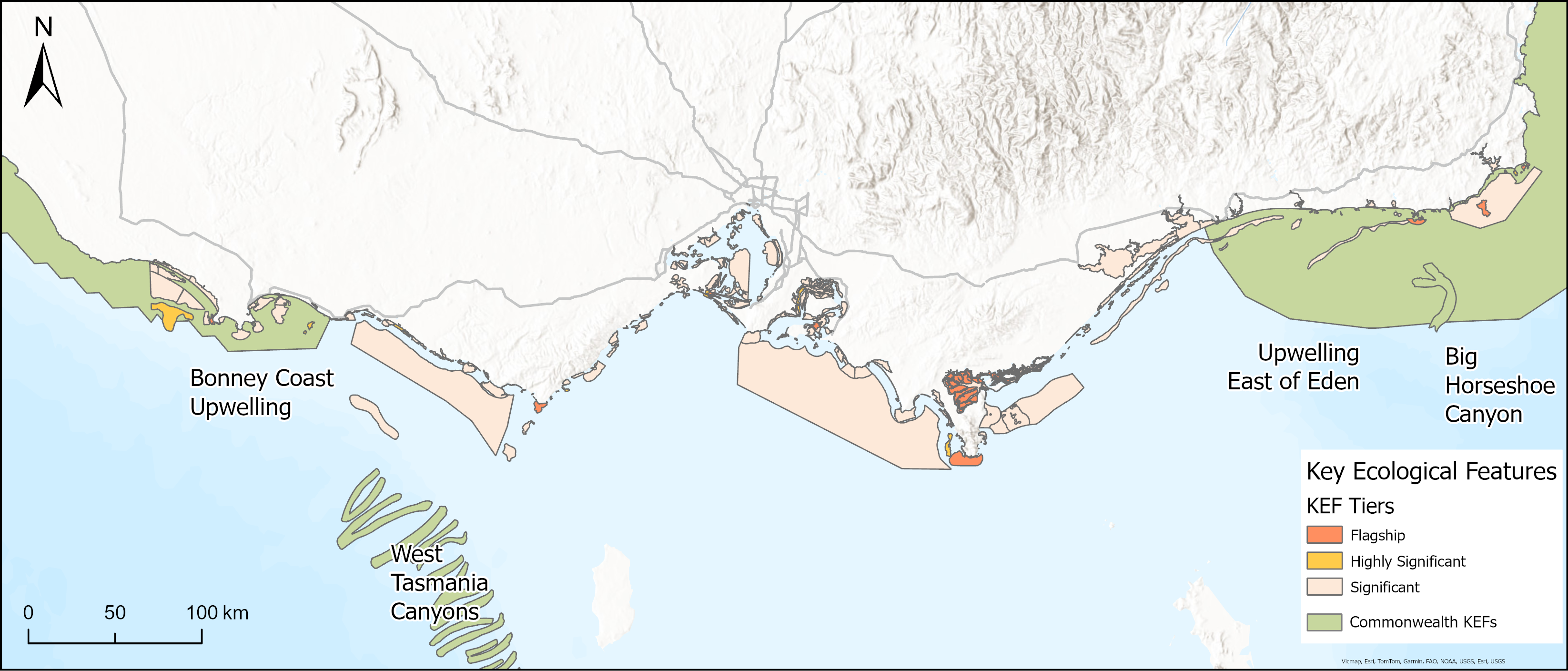 commonwealth kef analysis map showing the commonwealth KEFs and Victorian Marine KEFs