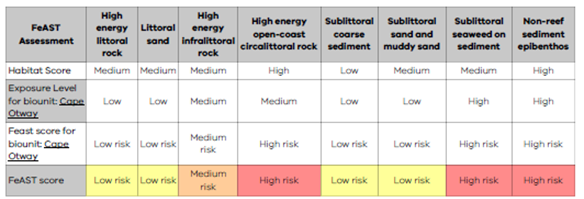 Image of example table of the FeAST score from the report showing the habitat score and the exposure level within the biounit