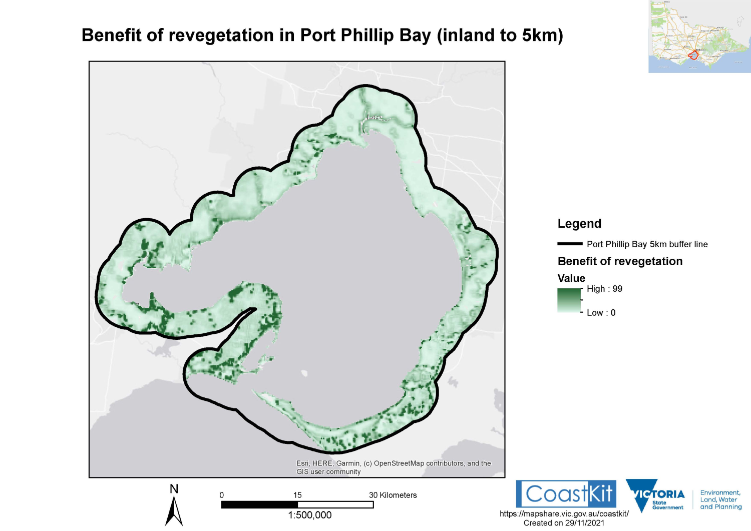 Map of the benefit of revegetation for 5km inland of Port Phillip Bay from Coastkit mapshare site. 