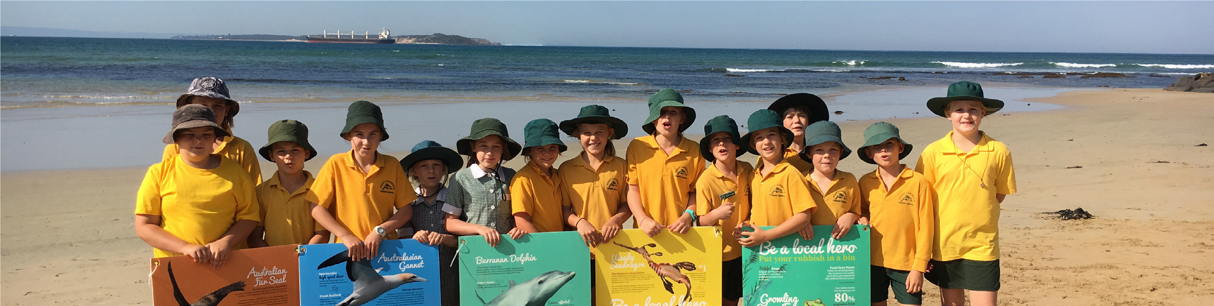 Image shows children on a beach holding marine images