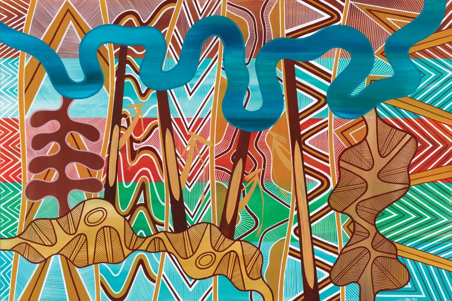Image displayed is by artist Tom Day and titled Aboriginal Cultural Identity Mirring - Country, representing the diverse Countries and landscapes across Victoria.