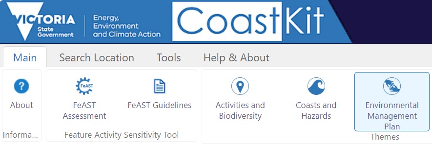 Image is a screenshot of CoastKit online mapping and data portal, showing the location of the EMP theme
